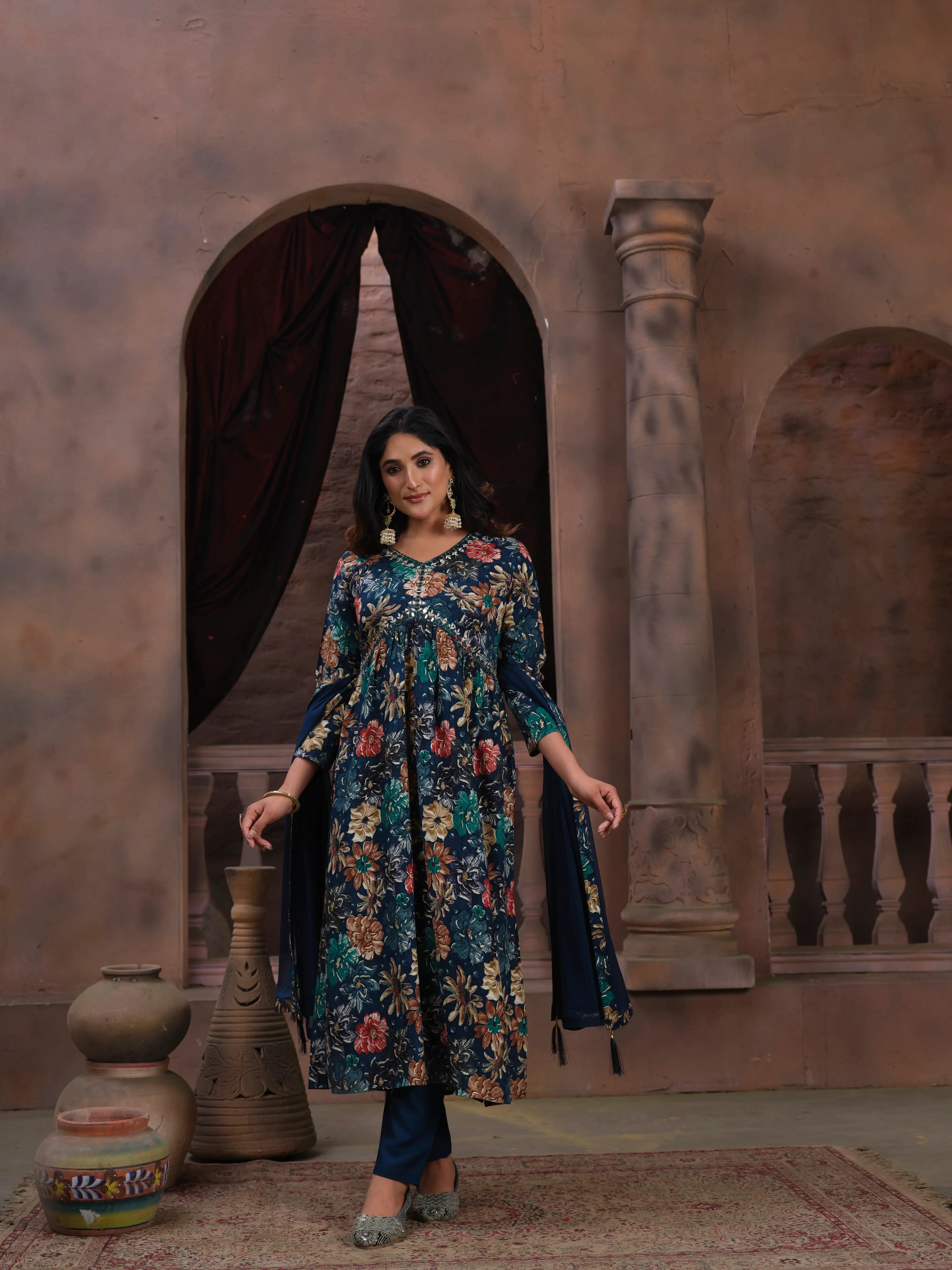 Tealish Blue Handwork Kurta Set with Pant & Dupatta - qivii