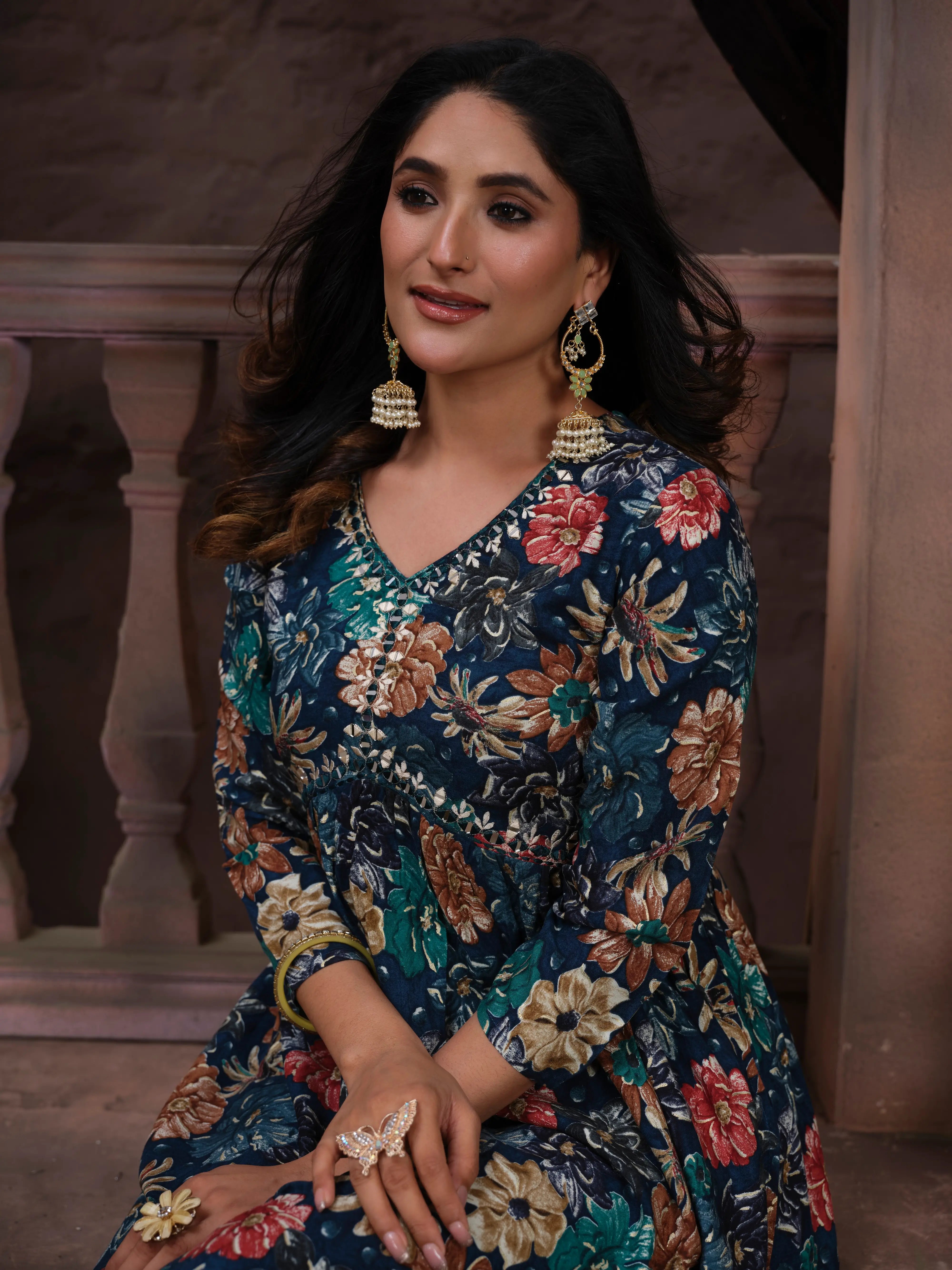 Tealish Blue Handwork Kurta Set with Pant & Dupatta - qivii