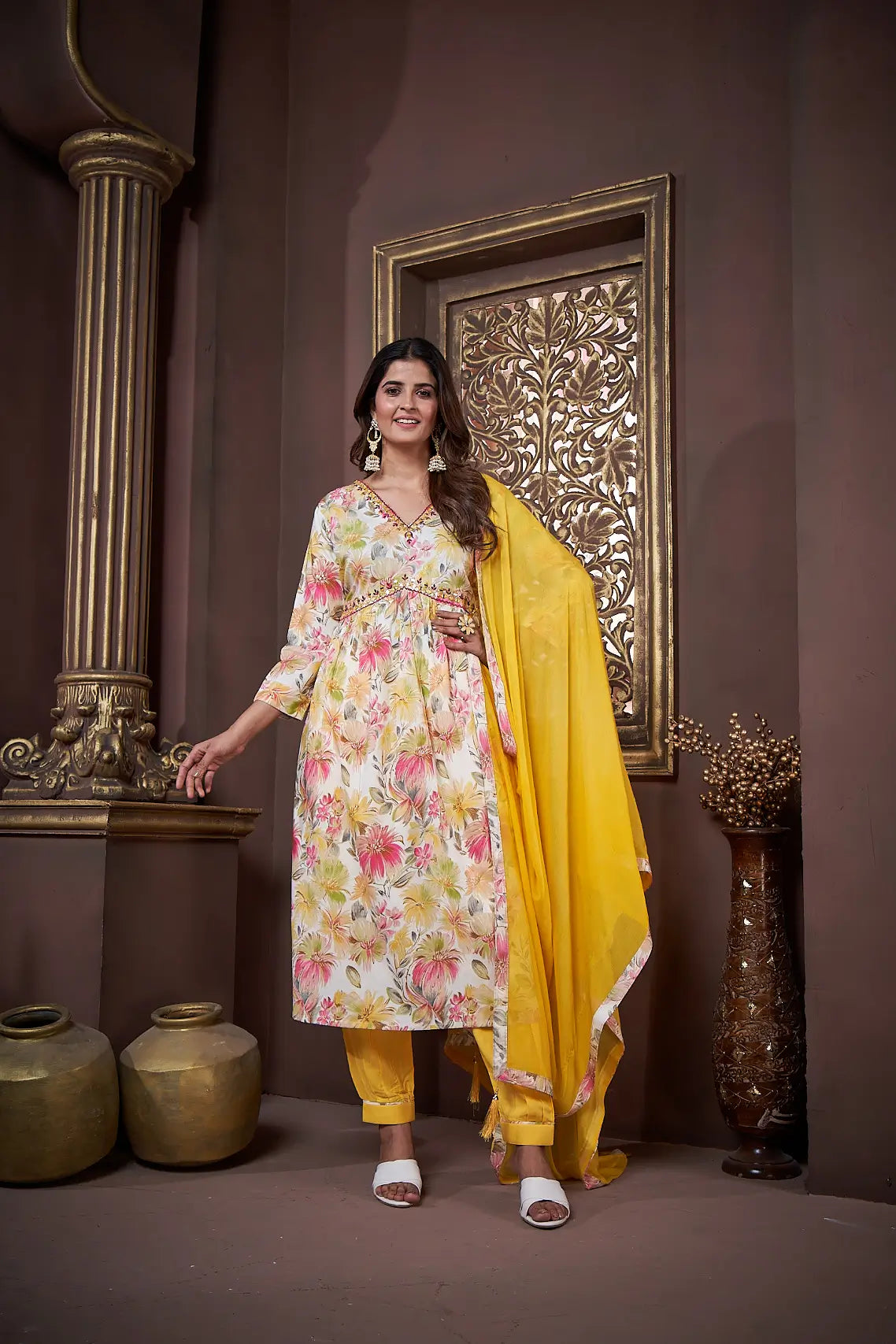 Lemon Yellow Handwork Kurta Set with Pant & Dupatta - qivii