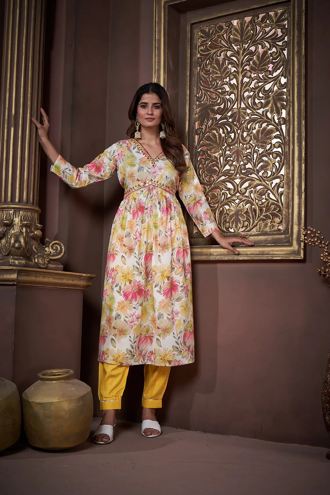 Lemon Yellow Handwork Kurta Set with Pant & Dupatta - qivii
