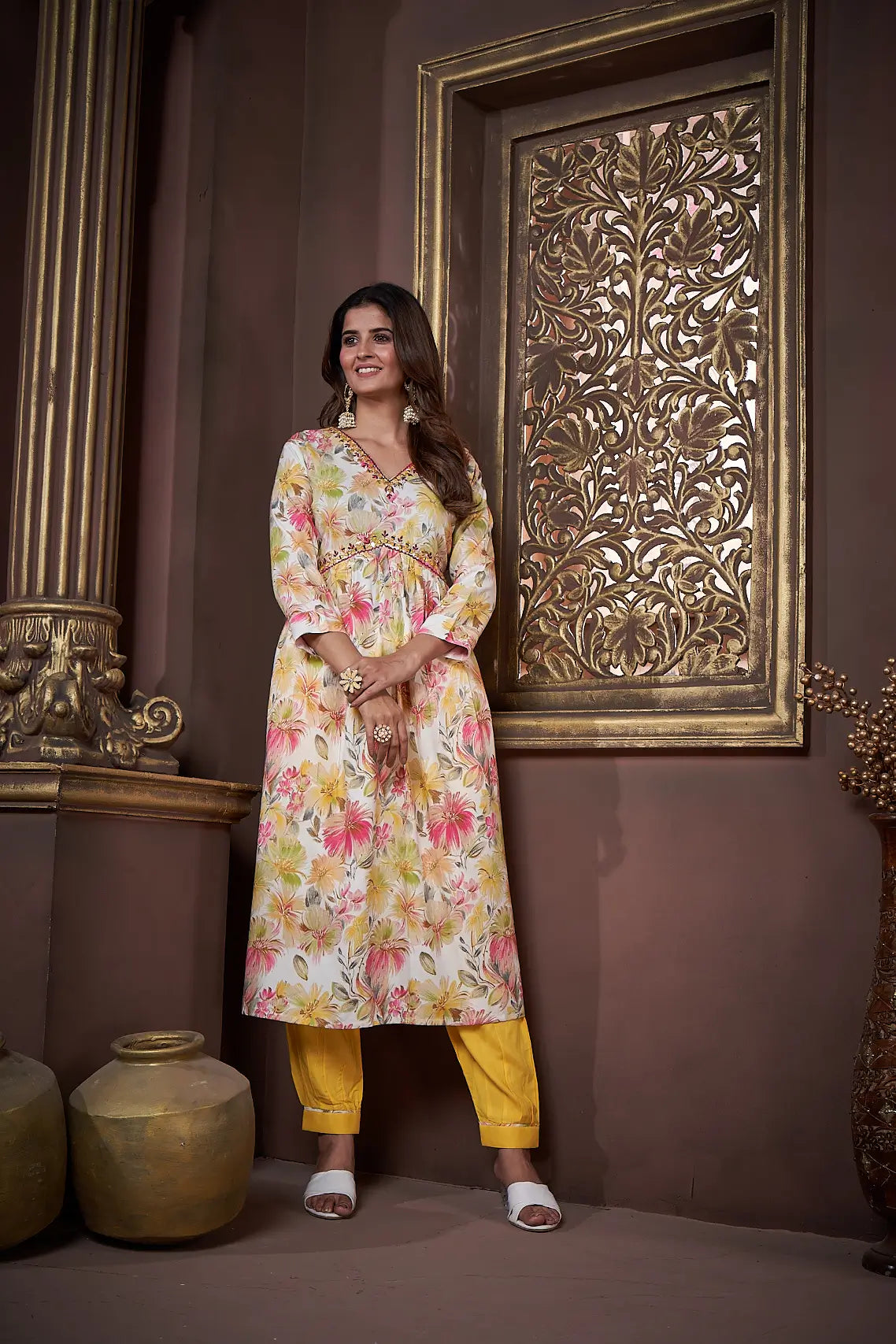 Lemon Yellow Handwork Kurta Set with Pant & Dupatta - qivii