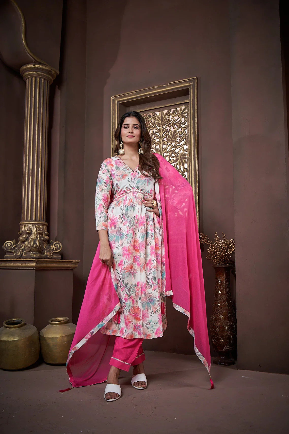 Pink Handwork Kurta Set with Pant & Dupatta - qivii