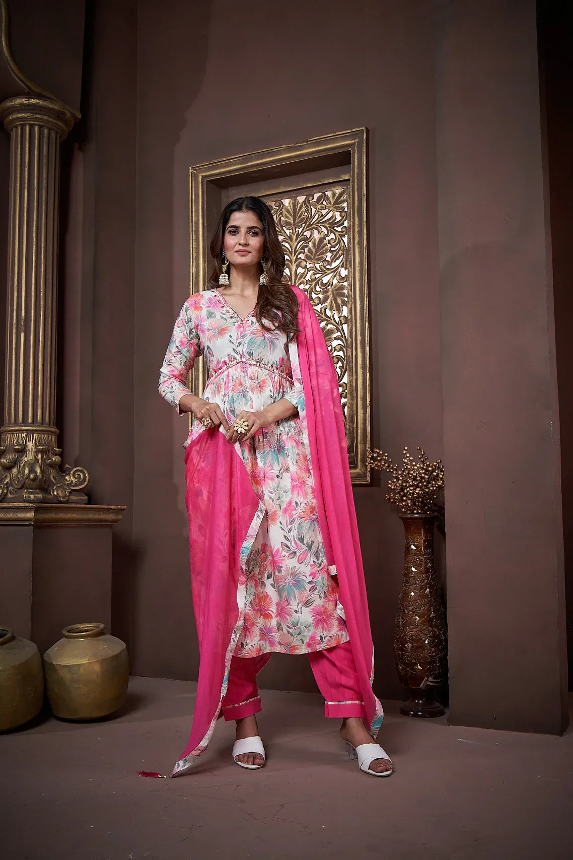 Pink Handwork Kurta Set with Pant & Dupatta - qivii