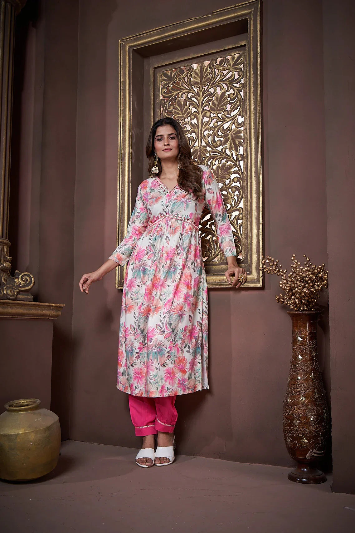 Pink Handwork Kurta Set with Pant & Dupatta - qivii