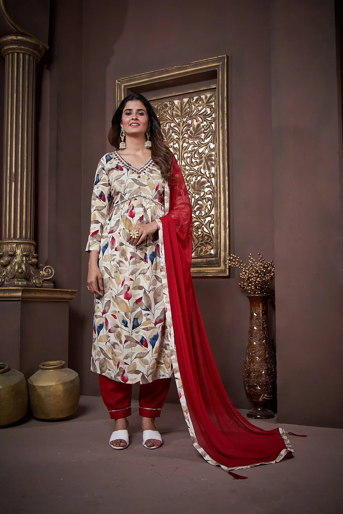 Red Handwork Kurta Set with Pant & Dupatta - qivii