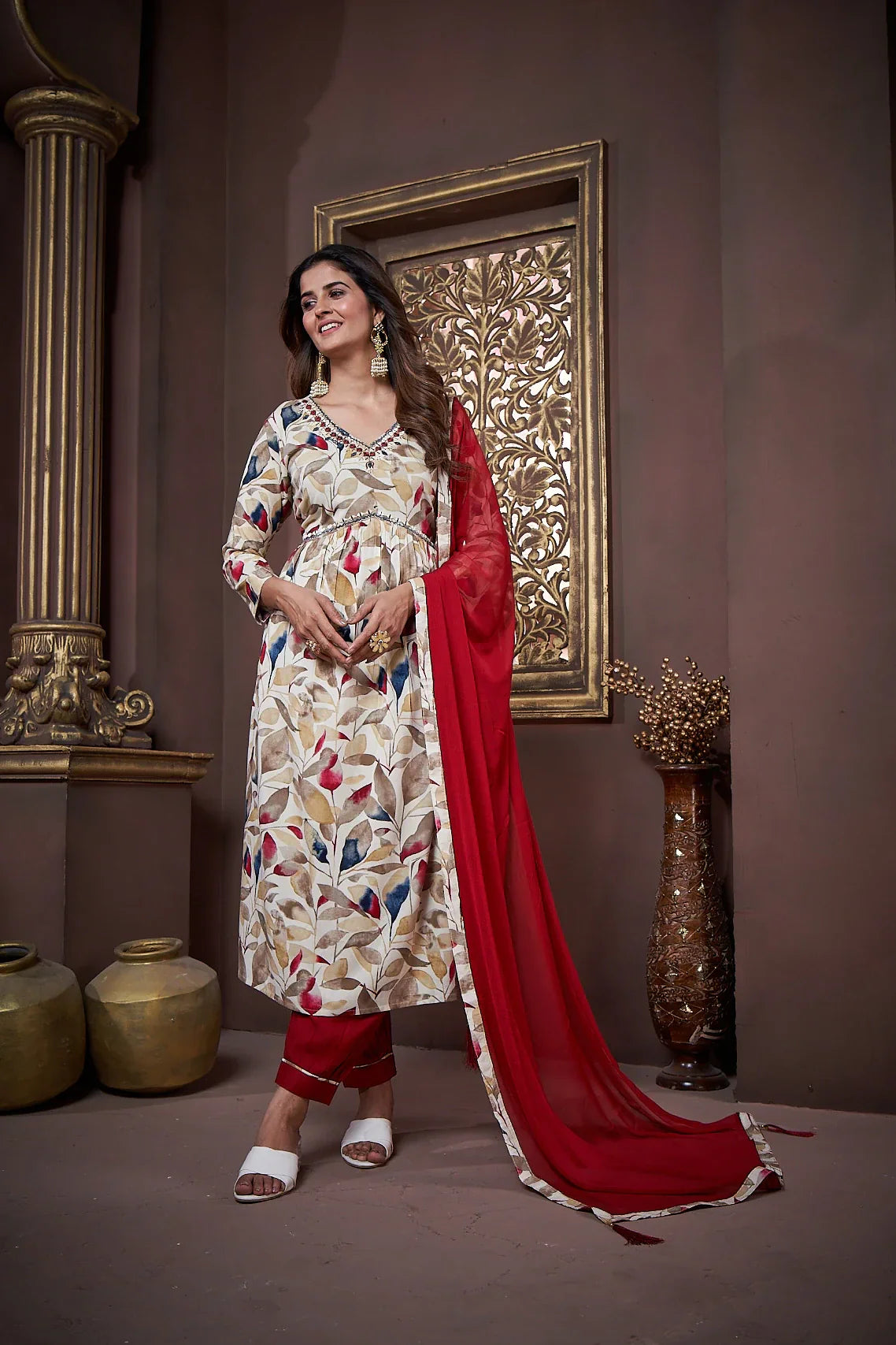 Red Handwork Kurta Set with Pant & Dupatta - qivii