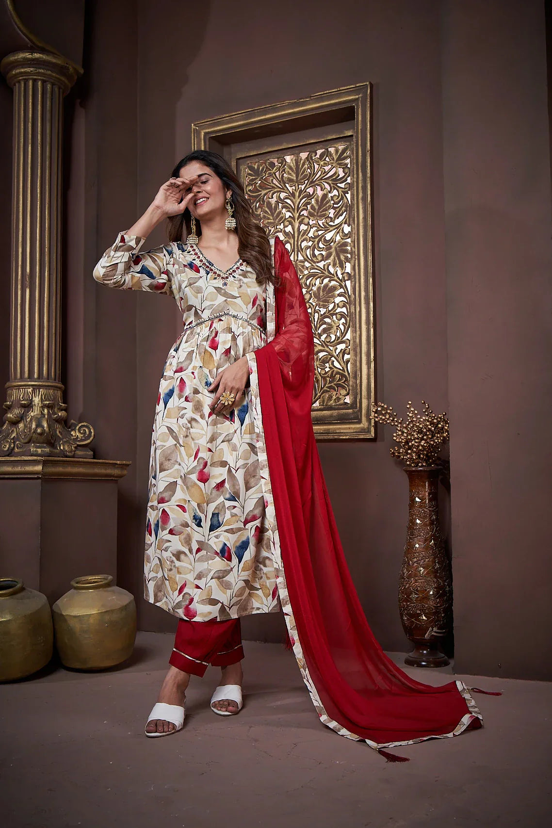 Red Handwork Kurta Set with Pant & Dupatta - qivii