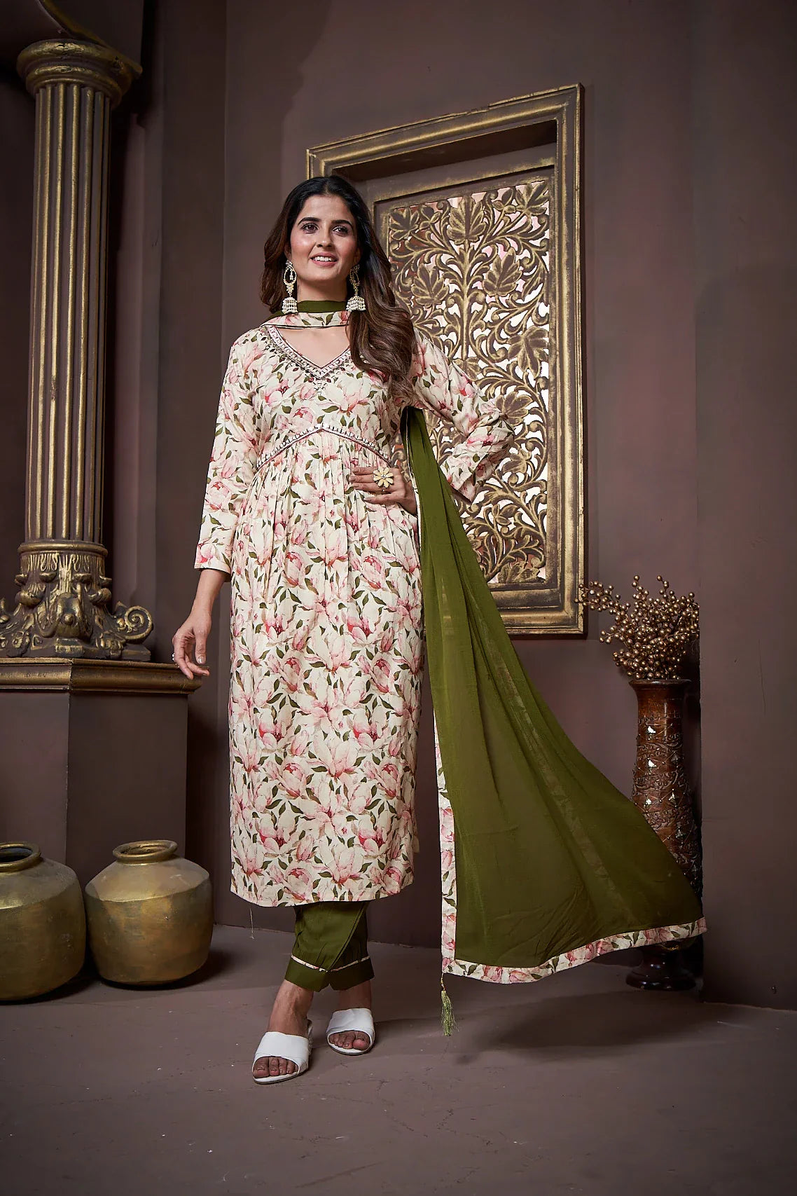 Green Handwork Kurta Set with Pant & Dupatta - qivii