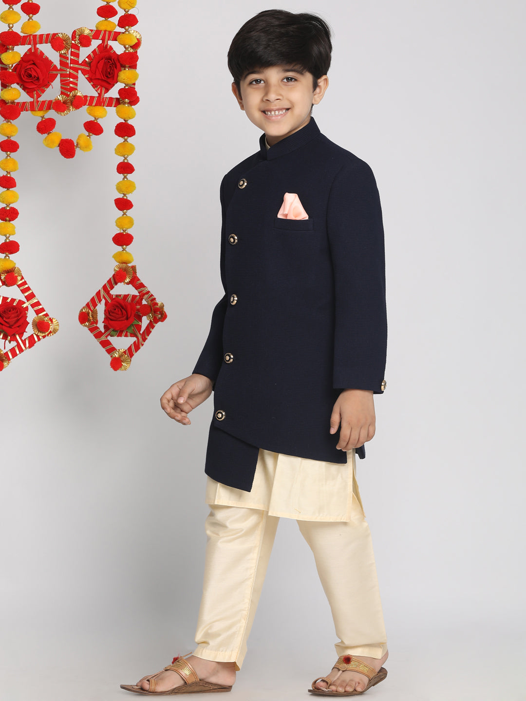 VASTRAMAY Boy's Blue Indo Western Jacket With Kurta And Pyjama Set - qivii