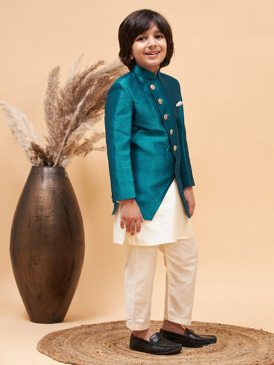 VASTRAMAY Boy's Turquoise Indo Western Jacket With Cream Kurta And Pyjama Set - qivii
