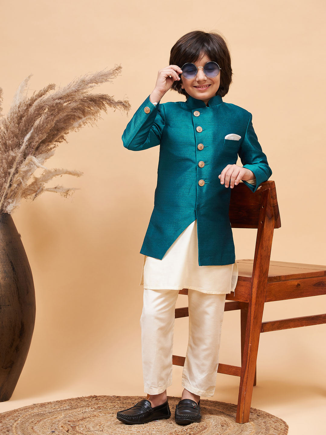VASTRAMAY Boy's Turquoise Indo Western Jacket With Cream Kurta And Pyjama Set - qivii