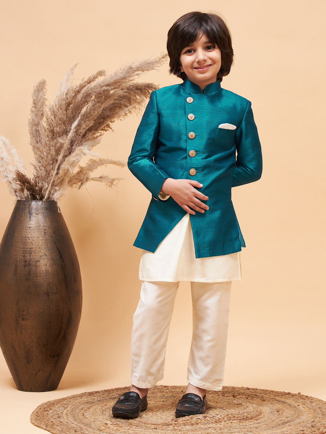VASTRAMAY Boy's Turquoise Indo Western Jacket With Cream Kurta And Pyjama Set - qivii