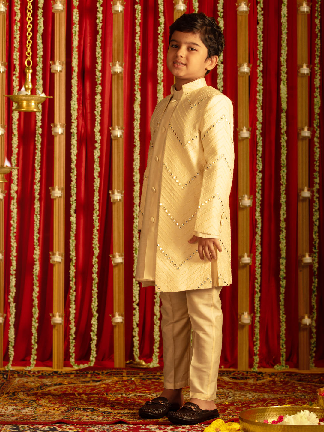VASTRAMAY Boys' Cream And Cream Ethnic Mirror Combo Set - qivii