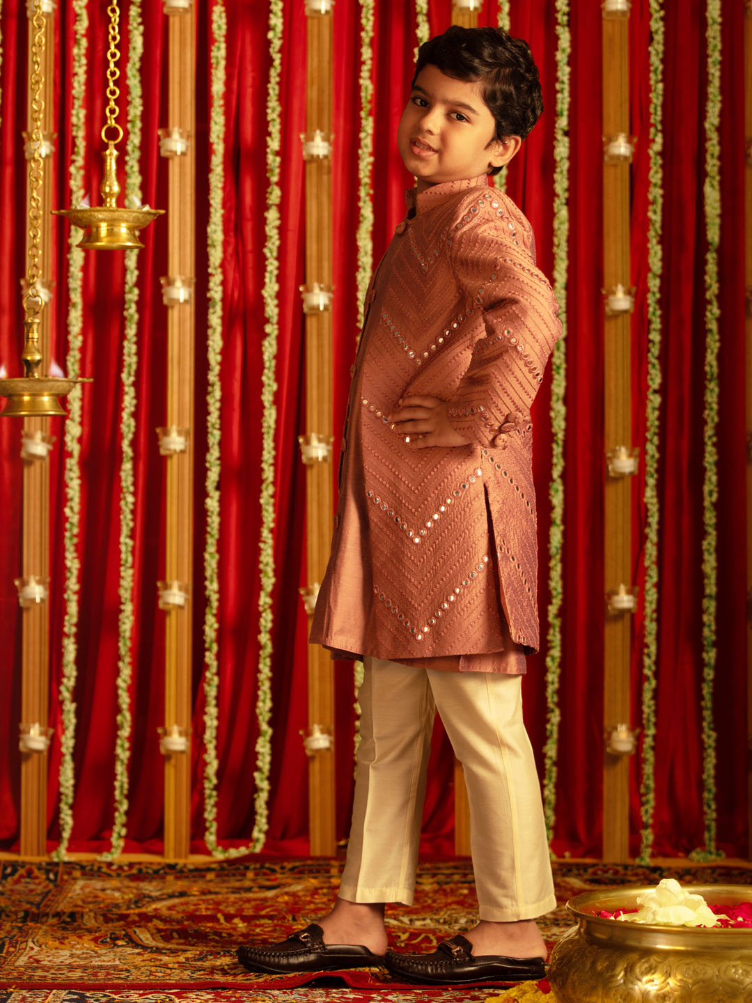 VASTRAMAY Boys' Onion Pink And Cream Ethnic Mirror Combo Set - qivii