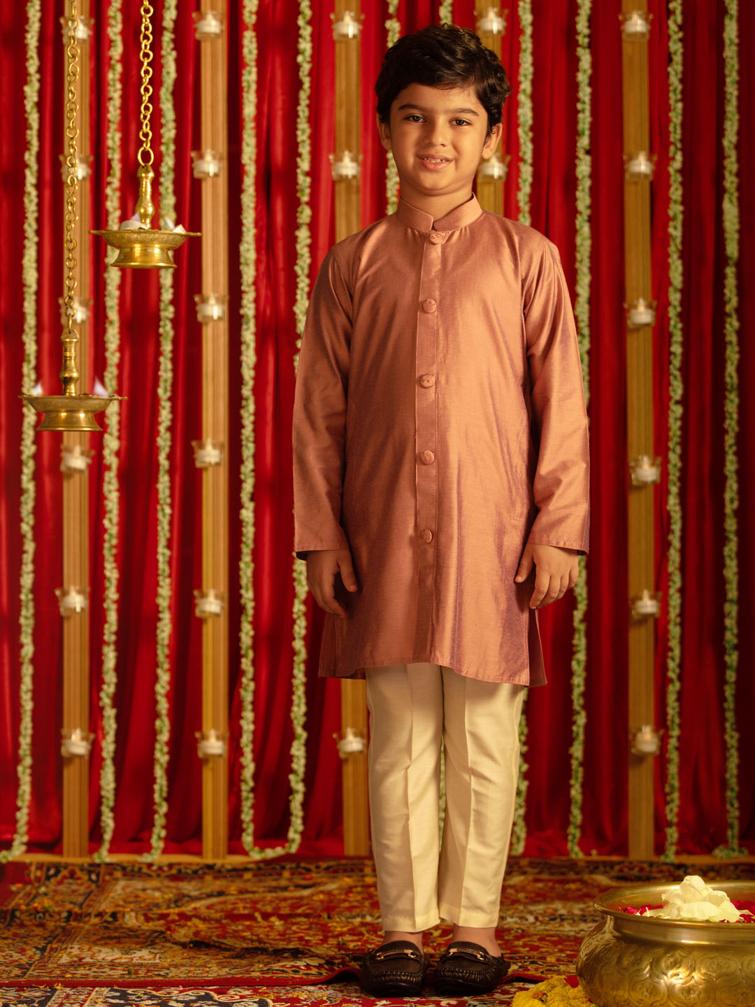 VASTRAMAY Boys' Onion Pink And Cream Ethnic Mirror Combo Set - qivii