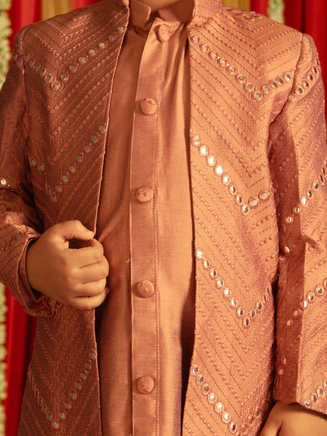 VASTRAMAY Boys' Onion Pink And Cream Ethnic Mirror Combo Set - qivii