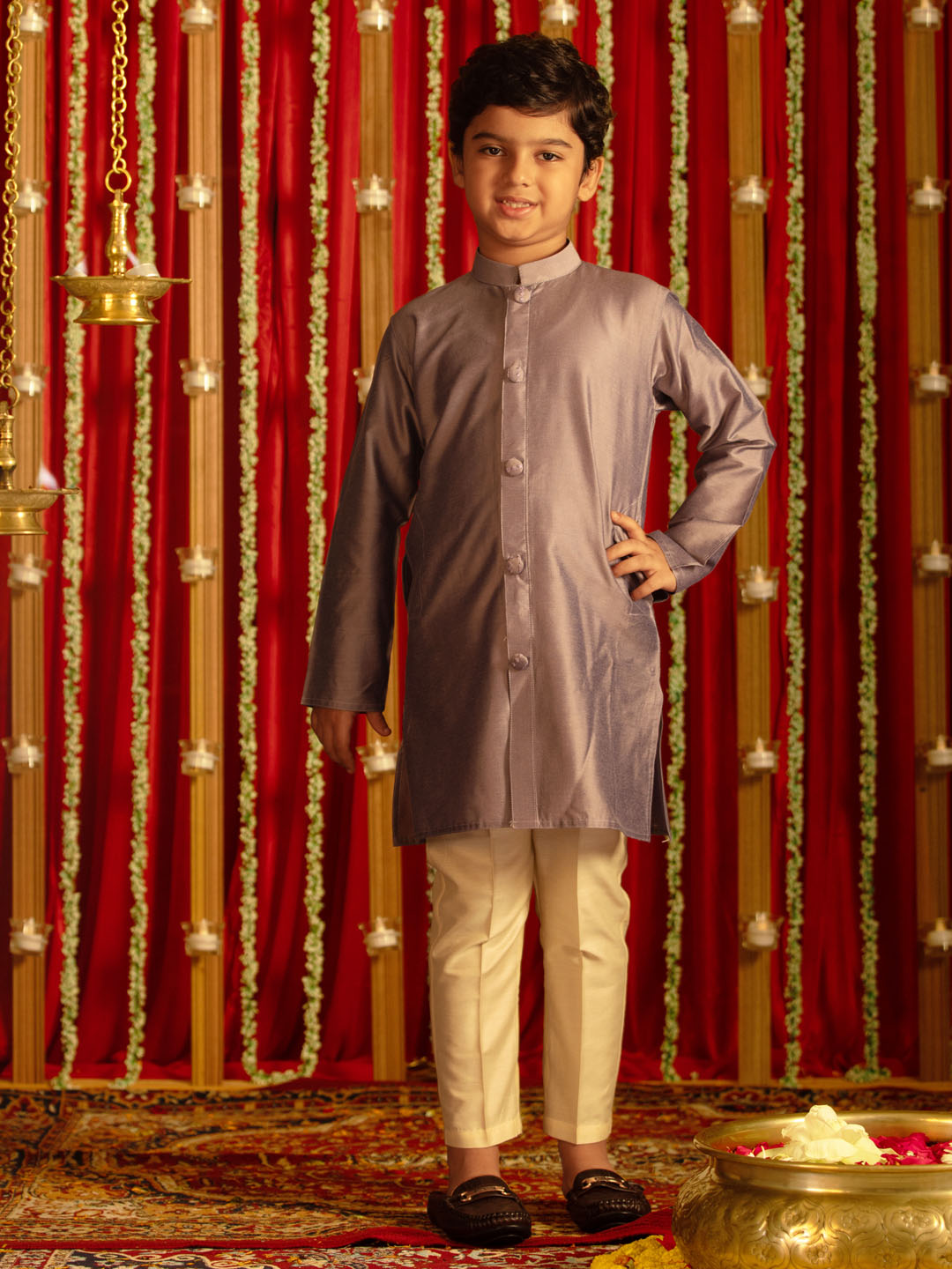 VASTRAMAY Boys' Purple And Cream Ethnic Mirror Combo Set - qivii