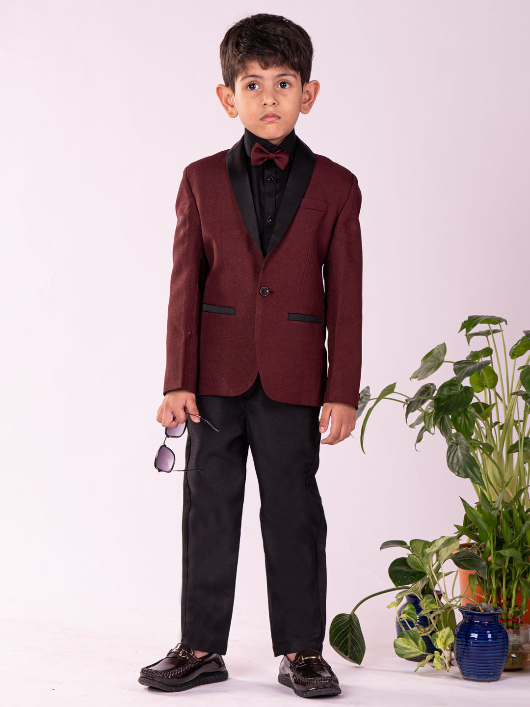 VASTRAMAY Boys' Black And Maroon Shirt Blazer And Pant - qivii
