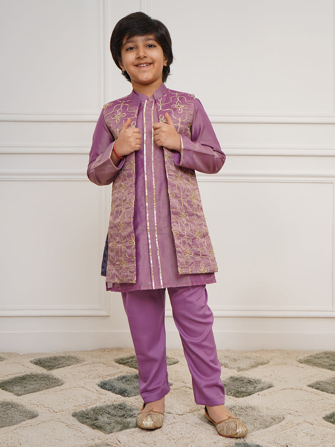 VASTRAMAY Boys' Purple Jacket, Kurta and Pyjama Set - qivii