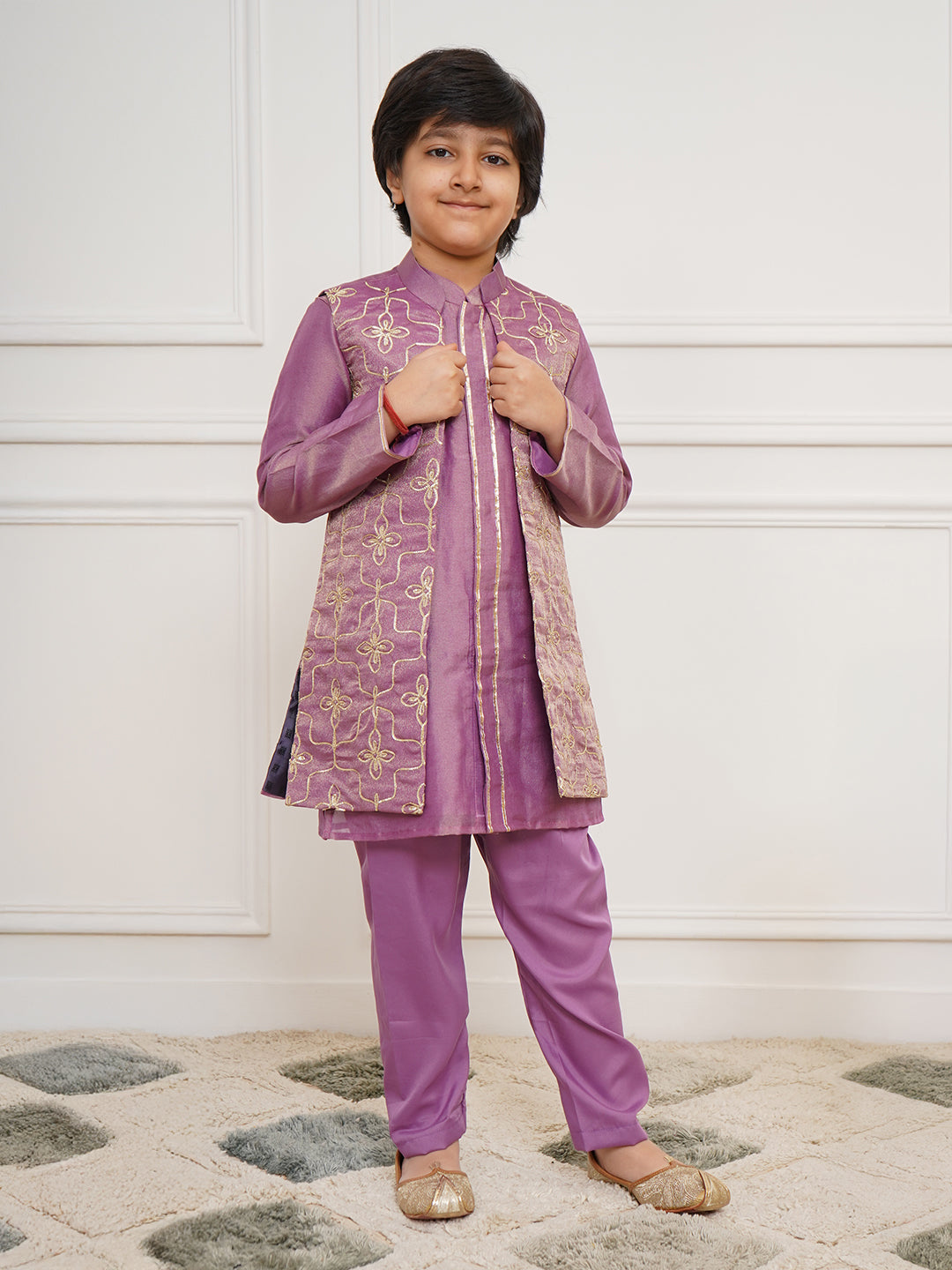 VASTRAMAY Boys' Purple Jacket, Kurta and Pyjama Set - qivii
