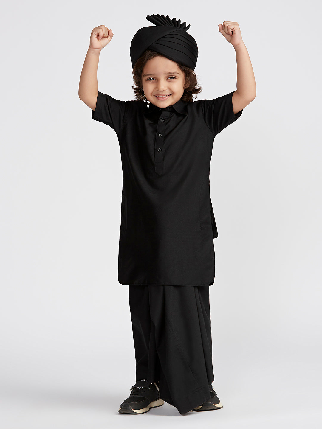Boys' Black Viscose Kurta Lungi And Safa set - qivii
