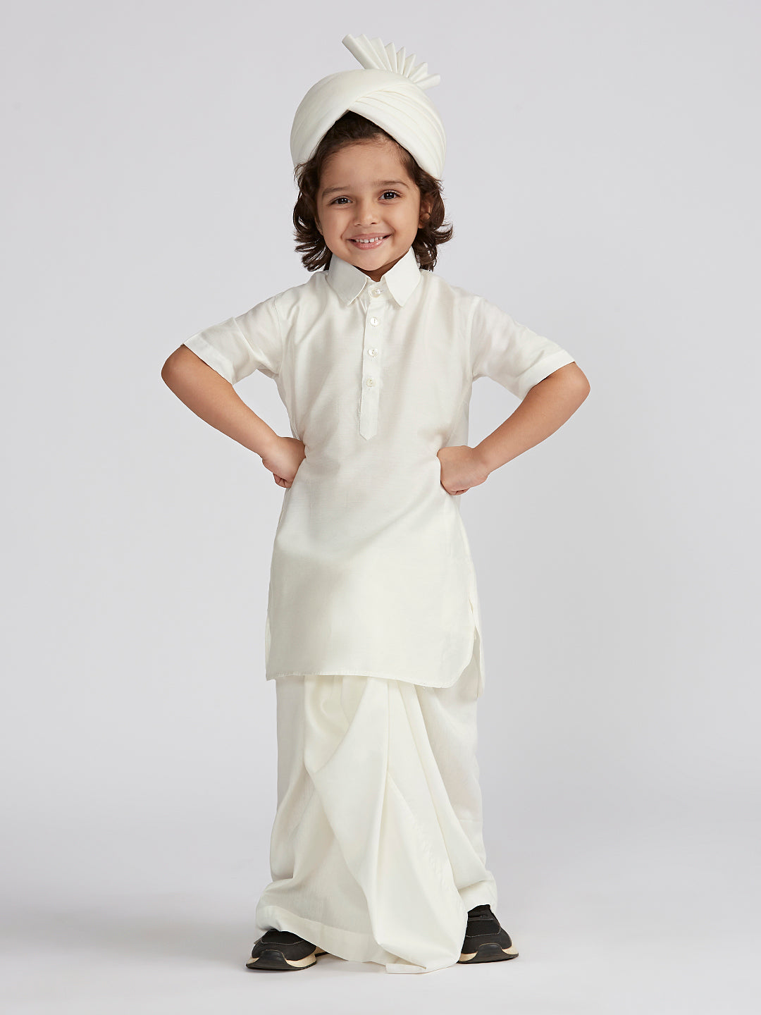 Boys' White Viscose Kurta Lungi And Safa set - qivii