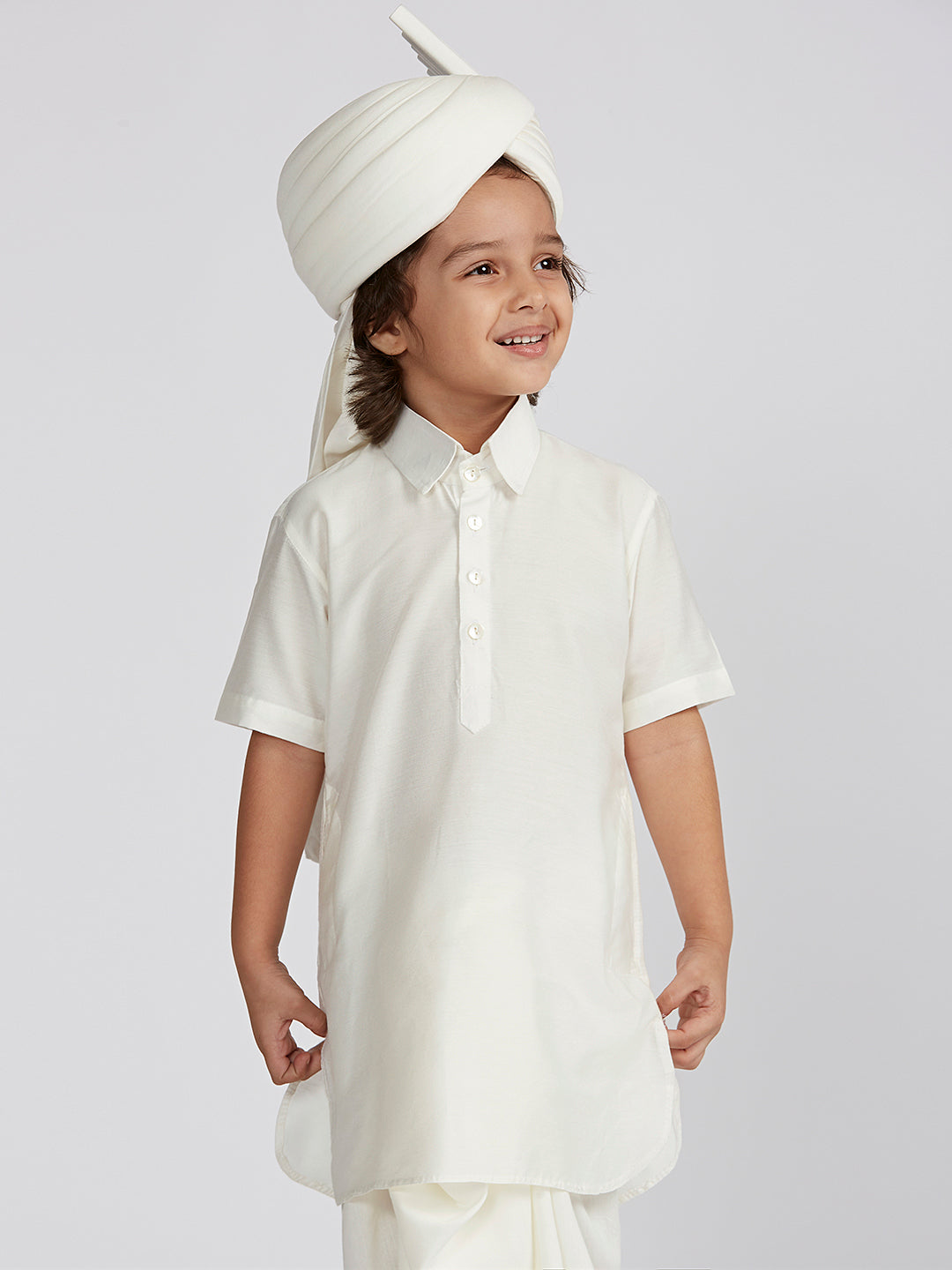 Boys' White Viscose Kurta Lungi And Safa set - qivii