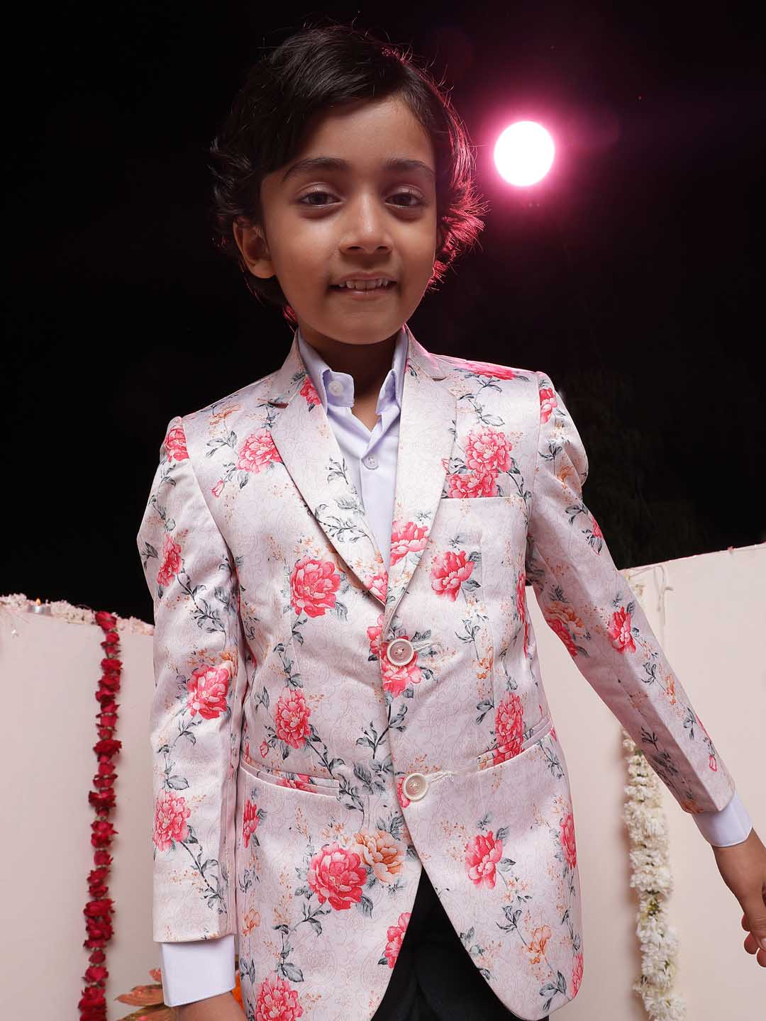 VASTRAMAY Boy's Peach Floral Print Blazer - qivii
