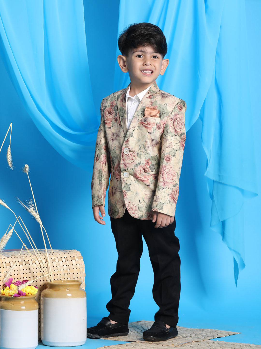 VASTRAMAY Boy's Beige Silk Blend Floral Print Blazer - qivii
