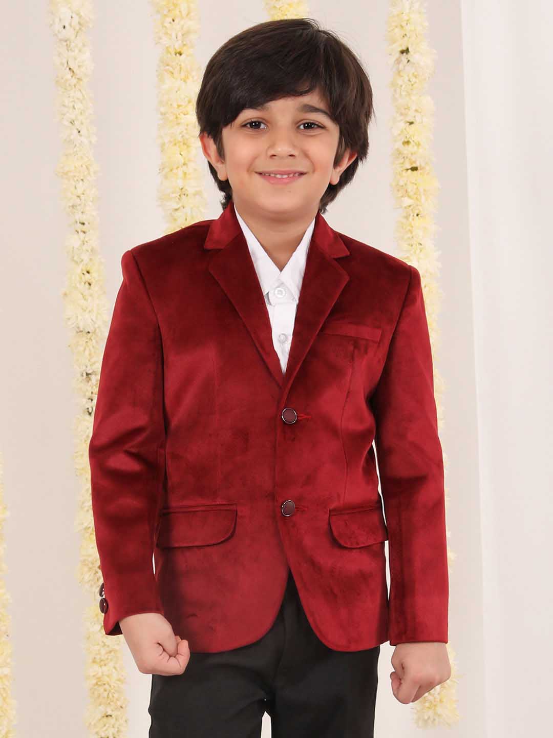 VASTRAMAY Boy's Maroon Velvet Blazer - qivii