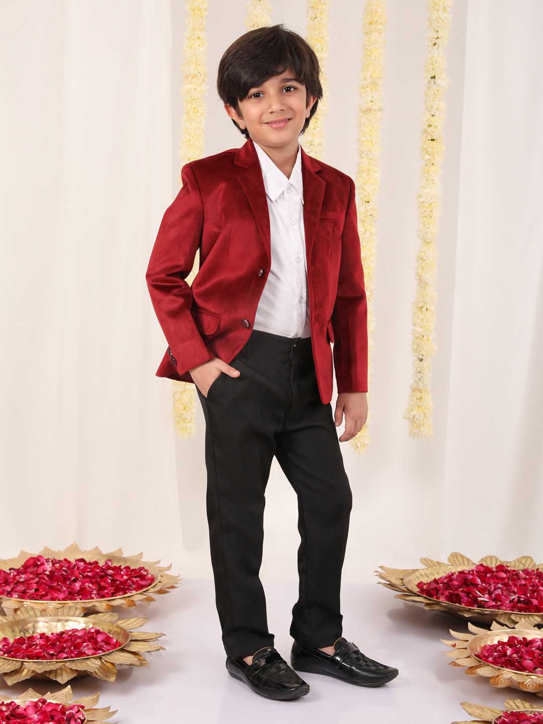 VASTRAMAY Boy's Maroon Velvet Blazer - qivii