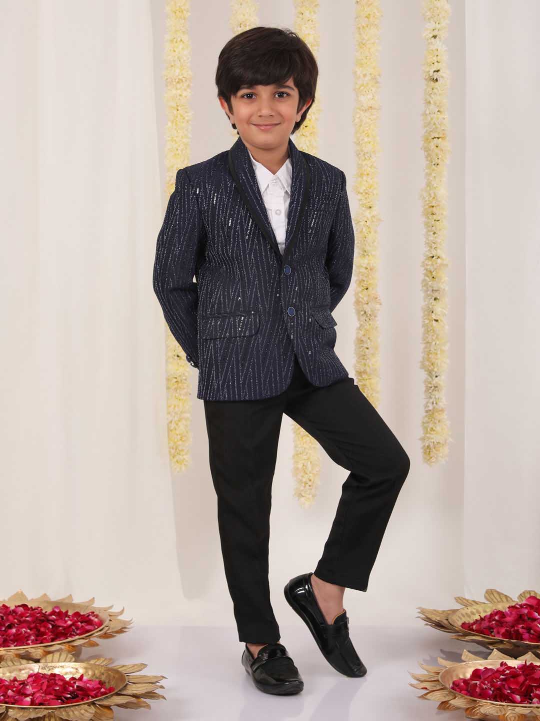 VASTRAMAY Boy's Blue Sequined Blazer - qivii
