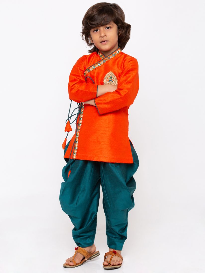 Vastramay Boys' Orange Cotton Silk Kurta and Dhoti Pant Set - qivii