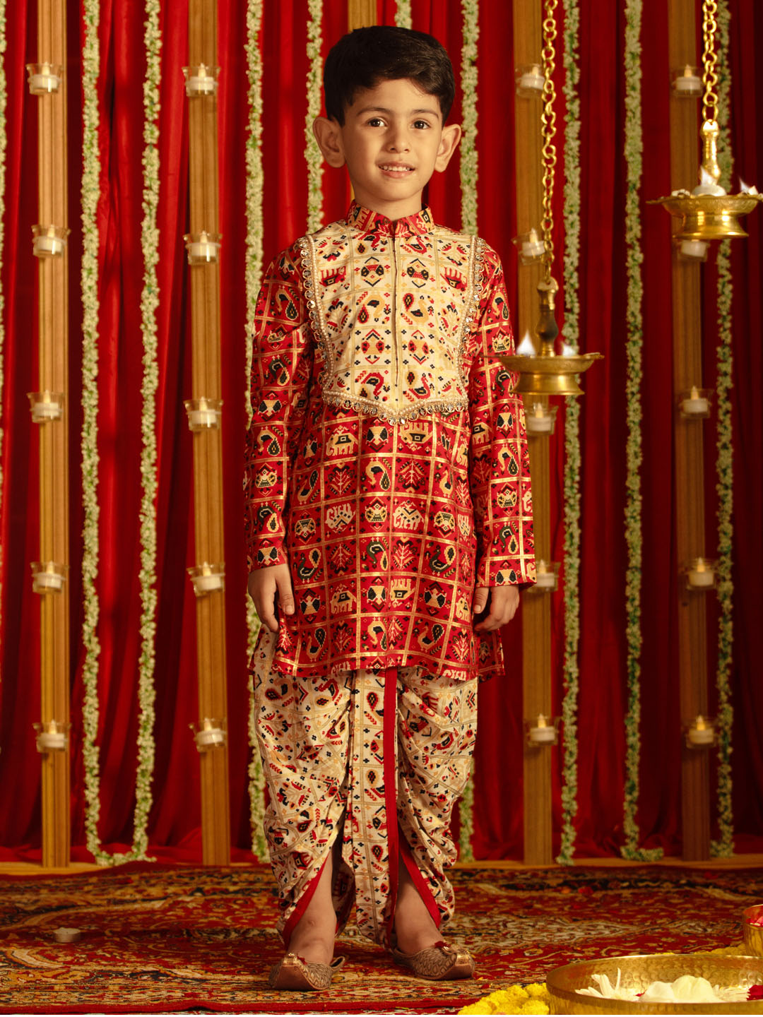 VASTRAMAY Boys' Red And Cream Patola Print Ethnic Kurta And Dhoti Set - qivii