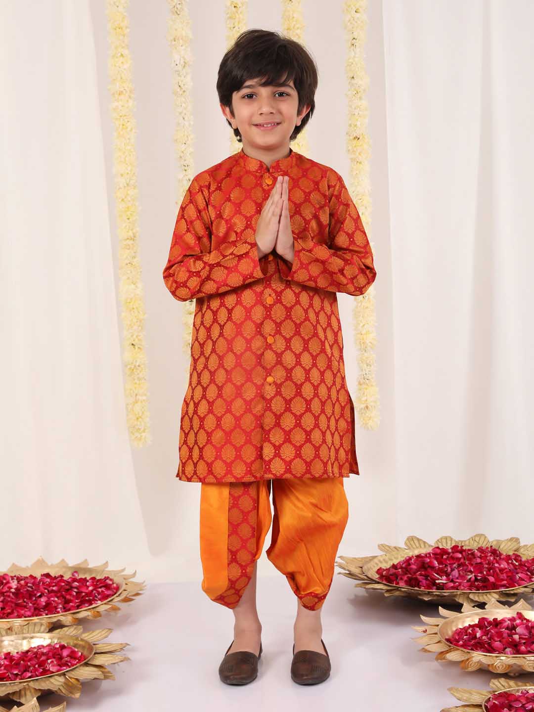 VASTRAMAY Boys' Red And Orange Kurta And Dhoti Set - qivii