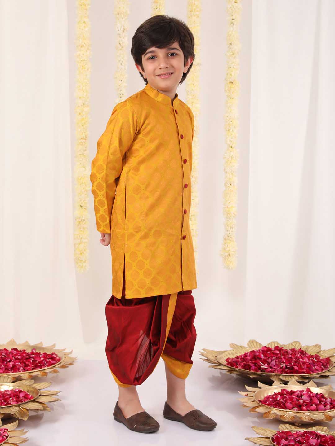 VASTRAMAY Boys' Yellow And Maroon Ethnic Jacquard Kurta Dhoti Set - qivii