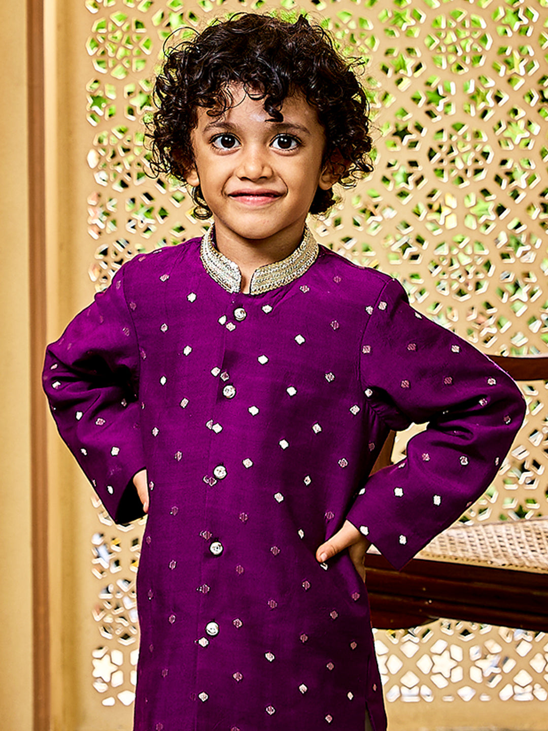 Vastramay Infant Boys' Purple And Cream Chanderi Kurta and Dhoti Set - qivii