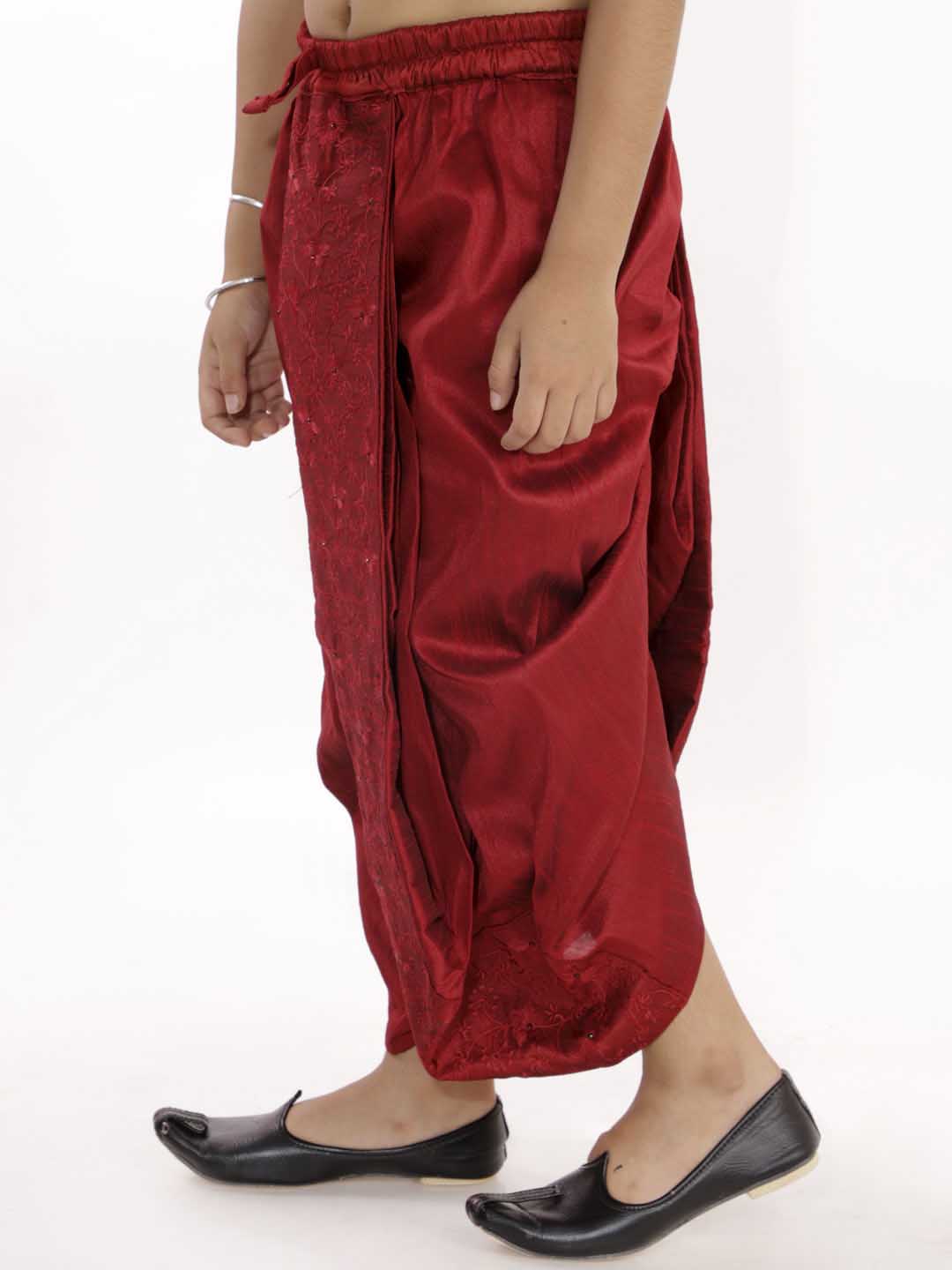 VASTRAMAY Boys' Maroon Silk Blend Embroidered Dhoti - qivii