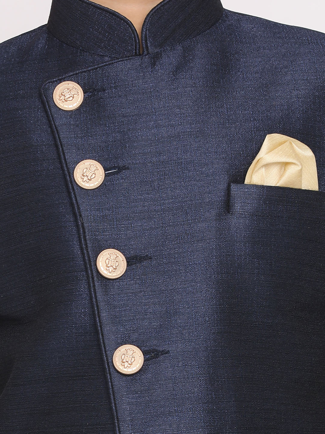 VASTRAMAY Boys Blue And Rose Gold Indowestern Set - qivii