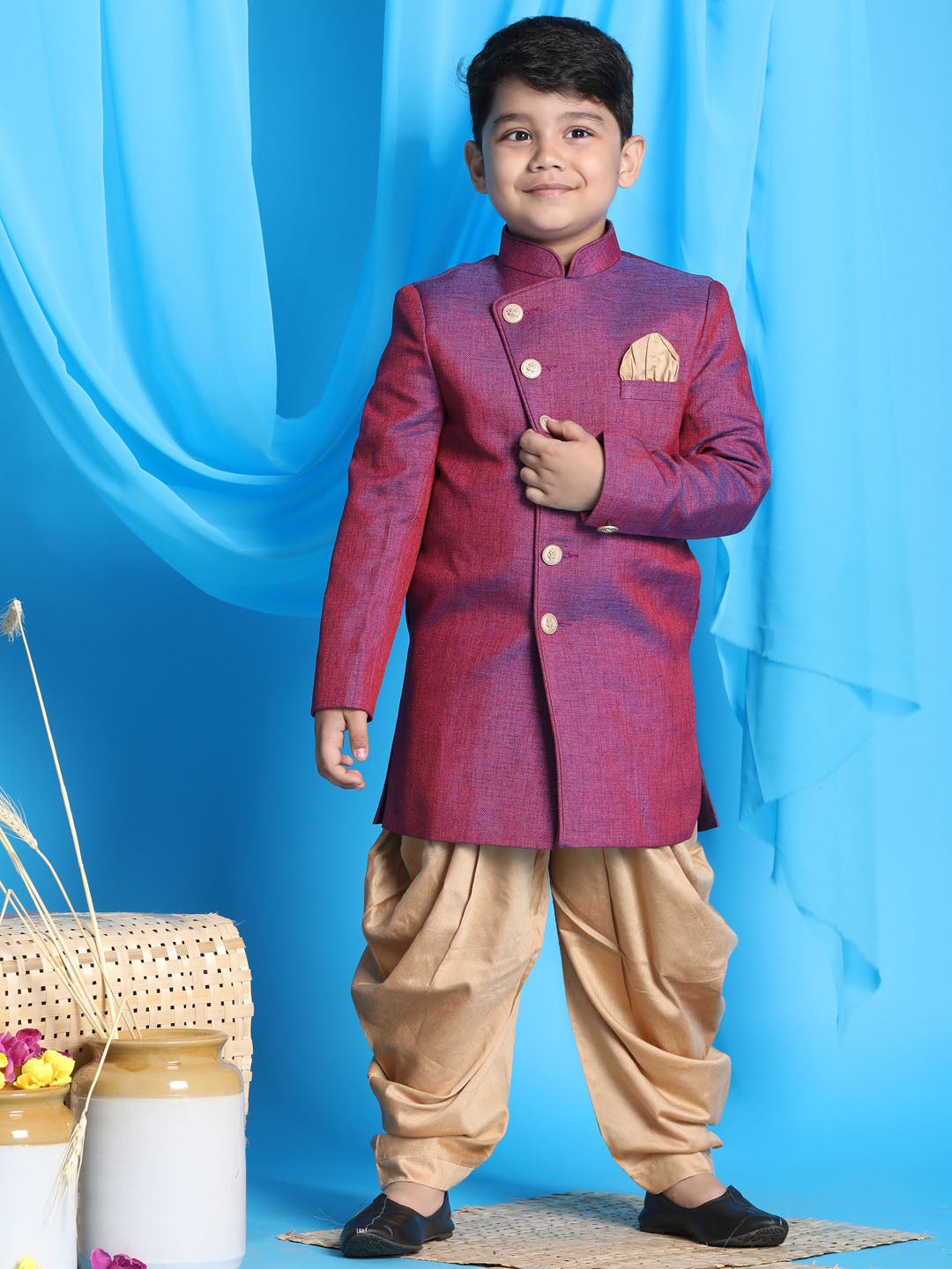 VASTRAMAY Boys Purple And Rose Gold Indowestern Set - qivii