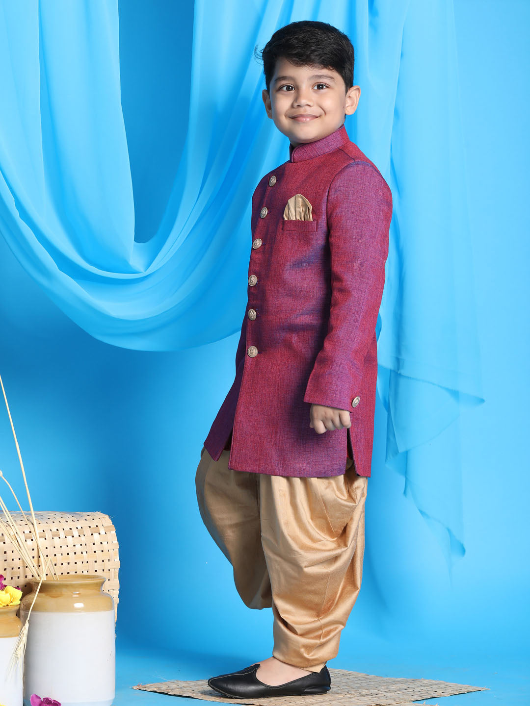 VASTRAMAY Boys Purple And Rose Gold Indowestern Set - qivii