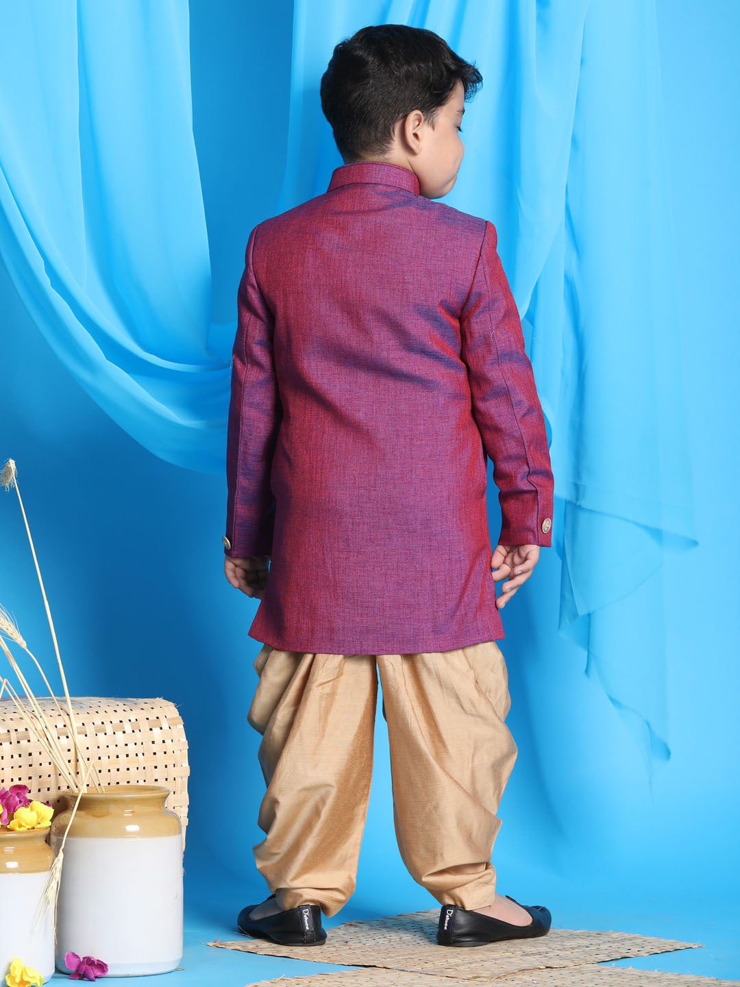 VASTRAMAY Boys Purple And Rose Gold Indowestern Set - qivii