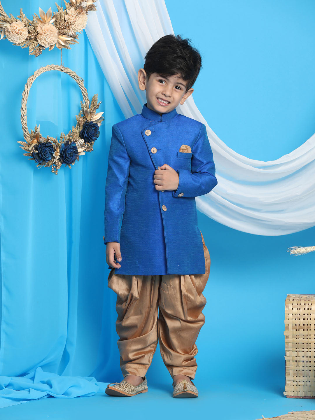 VASTRAMAY Boys Royal Blue And Rose Gold Indowestern Set - qivii