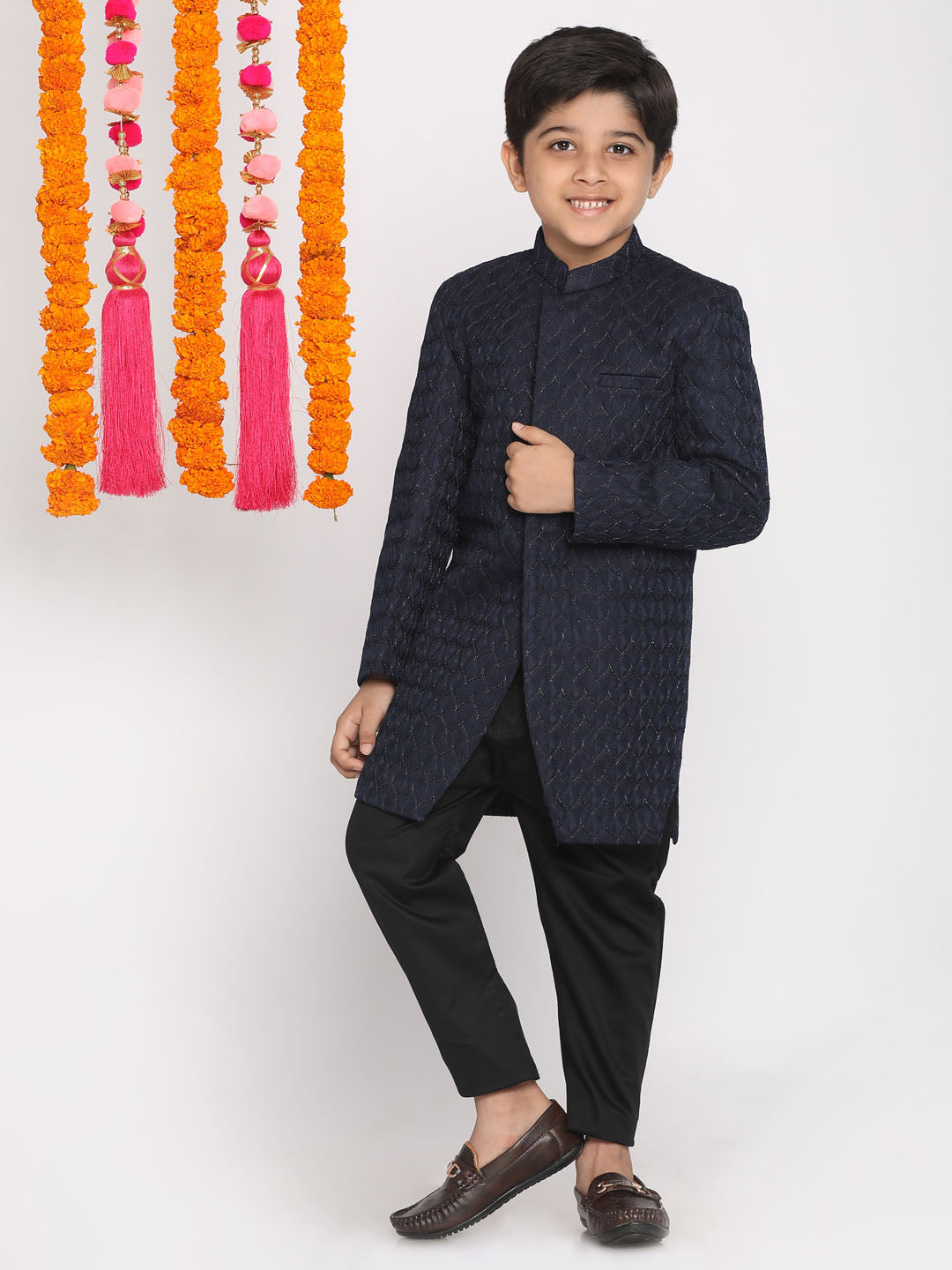 VASTRAMAY Boys Navy Blue Embellished Slim-Fit Sherwani Set - qivii