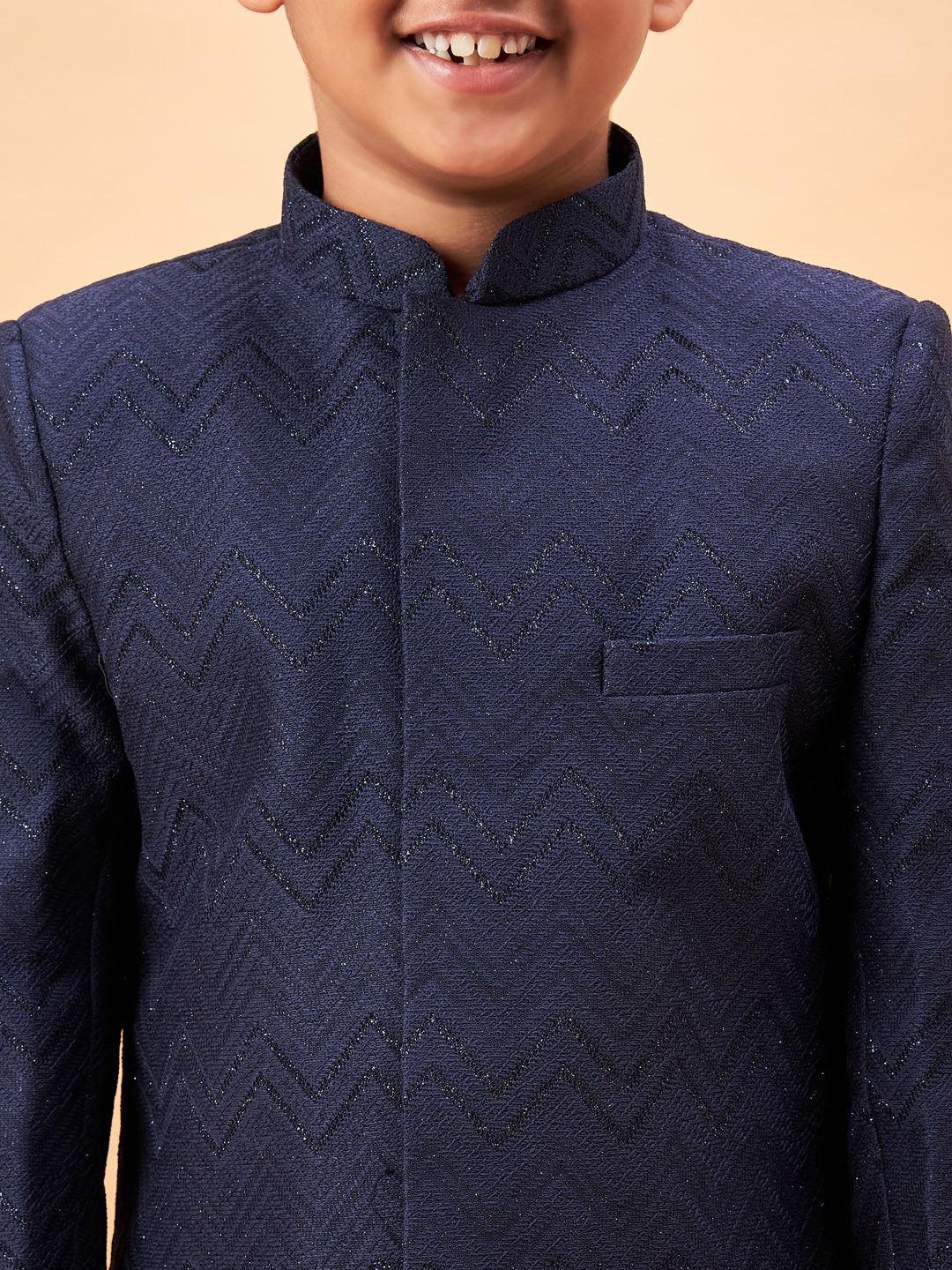 Boy's Navy Blue Glitter Indo Western Sherwani Set
