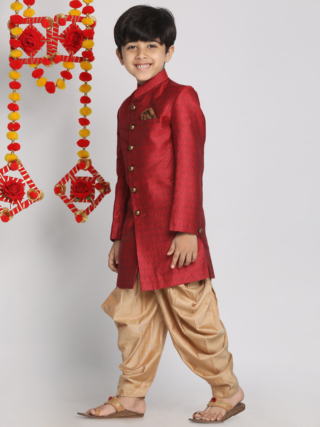 VASTRAMAY Boys Maroon Indo Western Jacquard Sherwani and Dhoti Pant Set - qivii