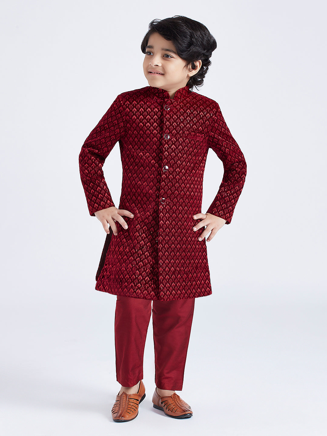 VASTRAMAY Boys' Maroon Sherwani Set - qivii