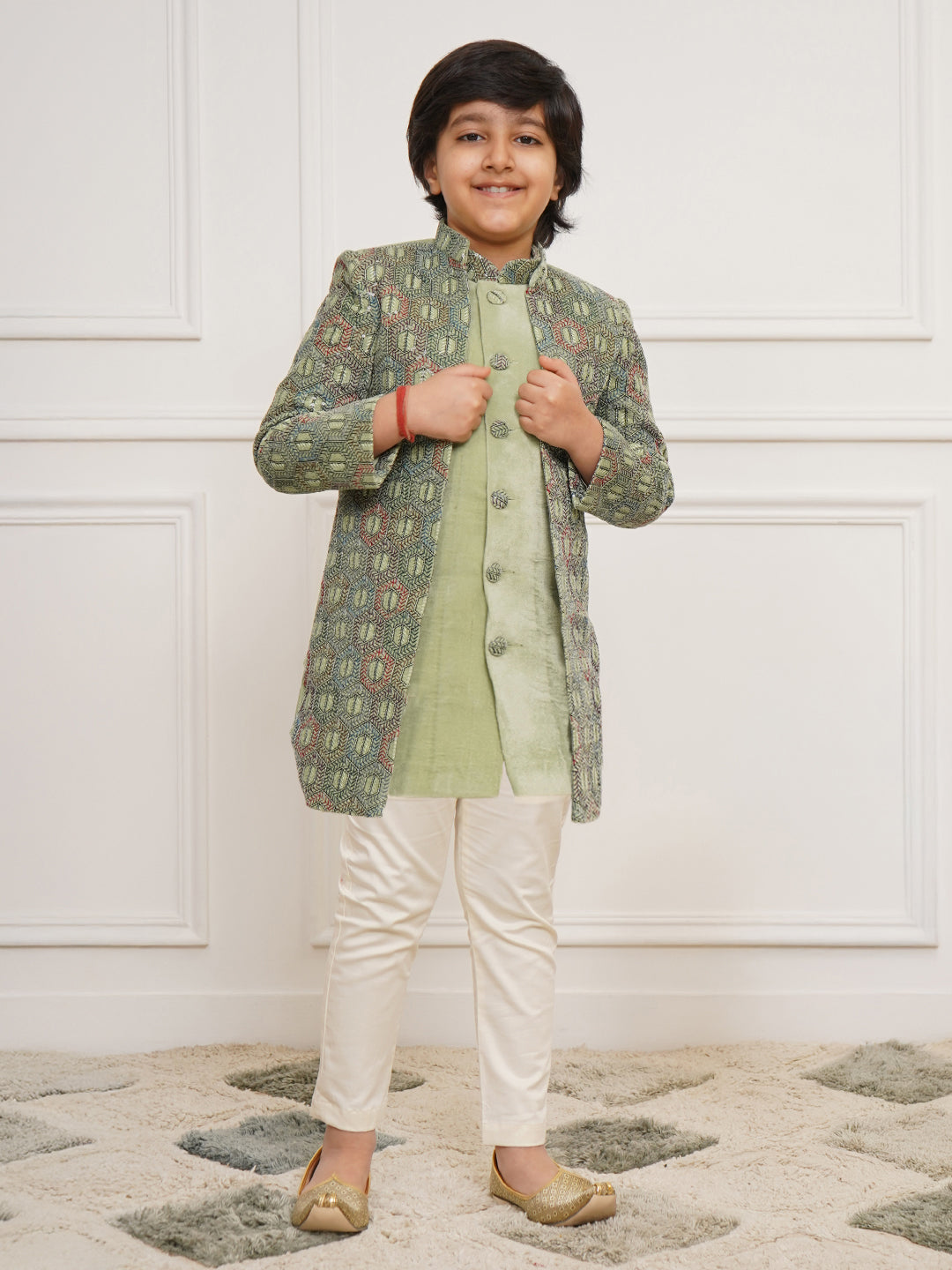 VASTRAMAY Boys' Green Indo Western And Pyjama Set - qivii