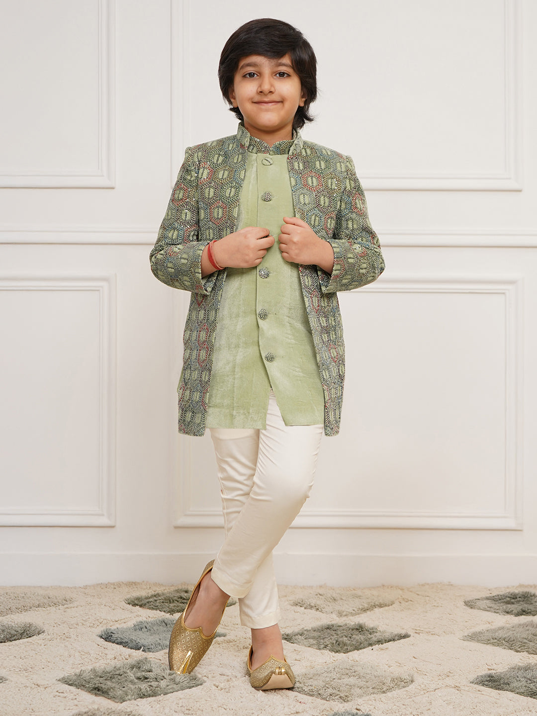 VASTRAMAY Boys' Green Indo Western And Pyjama Set - qivii
