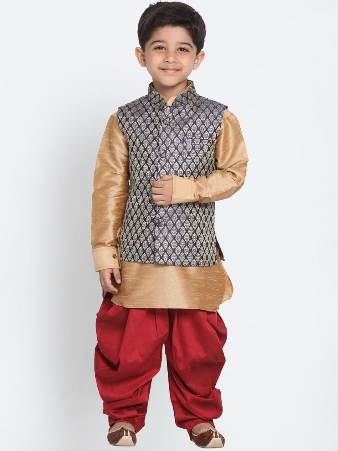 Vastramay Boys Rose Gold And Maroon Woven Kurta Set With Brocade Nehru Jacket - qivii